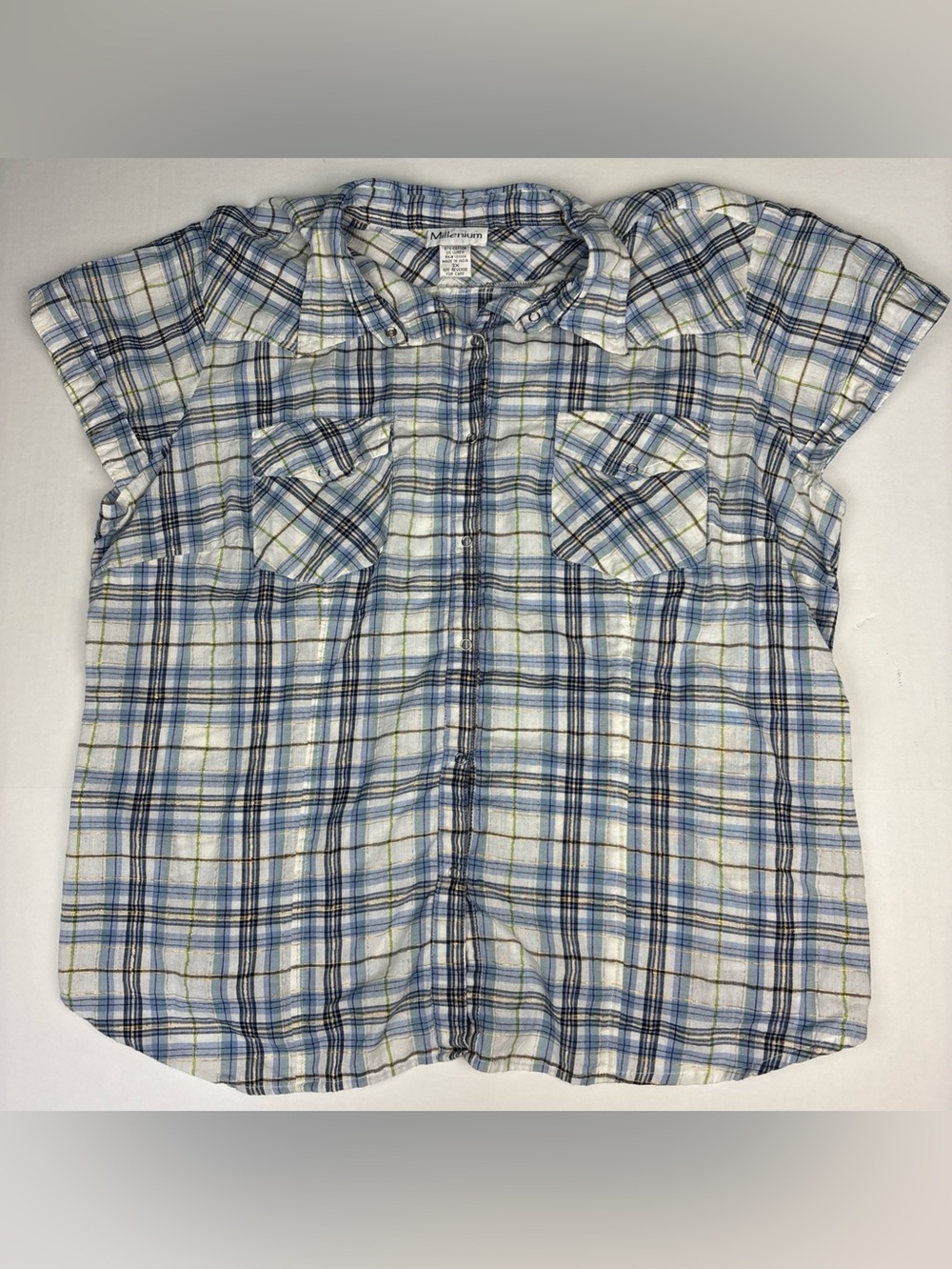 Millenium Women 3X Shirt Plaid Snap Front Navy Blue White Green Gold Lightweight